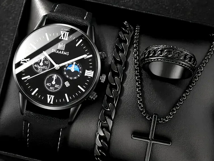 Pack of 4 Black Watch, Chain Bracelet, Ring, Bar Locket Set for Men/Boys